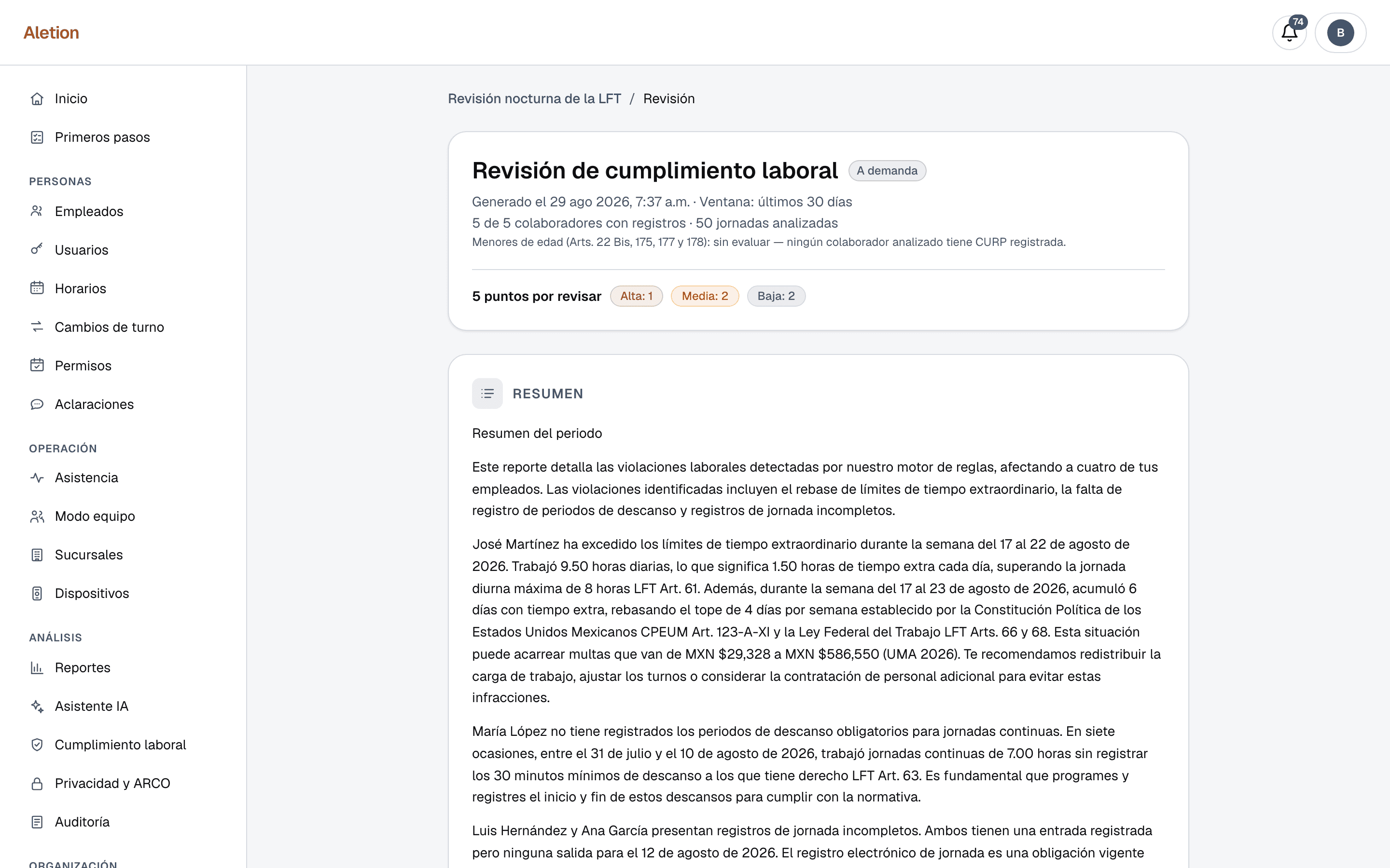 Un reporte del Inspector de Aletion: cinco hallazgos sobre la jornada — uno de severidad alta y el resto medios y bajos — con el artículo de la LFT citado y la multa potencial en pesos por trabajador.