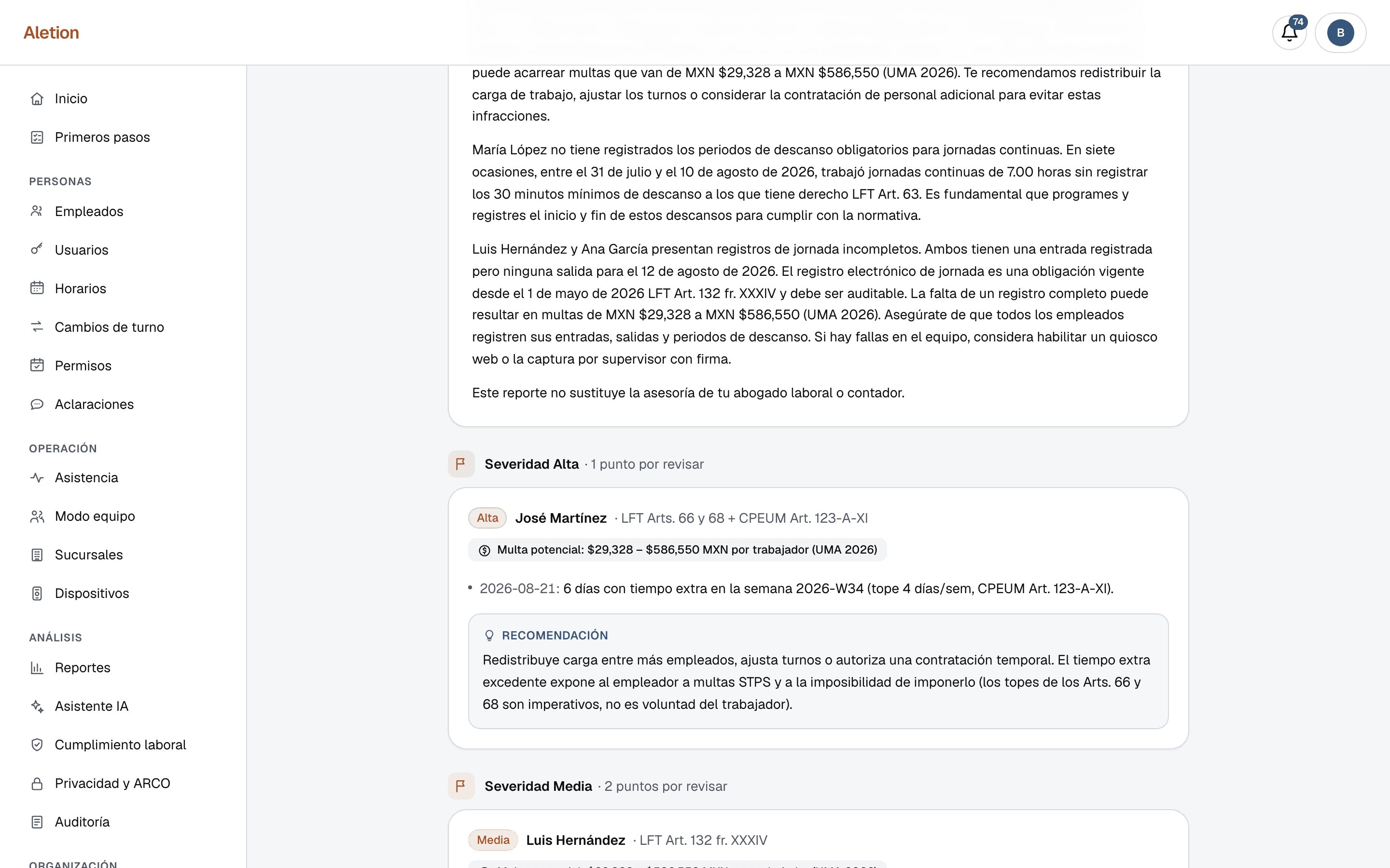 Un hallazgo del Inspector de Aletion: severidad alta, José Martínez, LFT Arts. 66 y 68 y CPEUM Art. 123-A-XI, multa potencial de $29,328 a $586,550 MXN por trabajador, con el día exacto en que la semana rebasó el tope de días con tiempo extra.